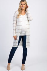 Heather Grey Striped Knit Long Maternity Cardigan