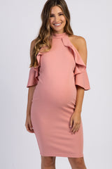 PinkBlush Pink Mock Neck Ruffle Trim Fitted Maternity Dress