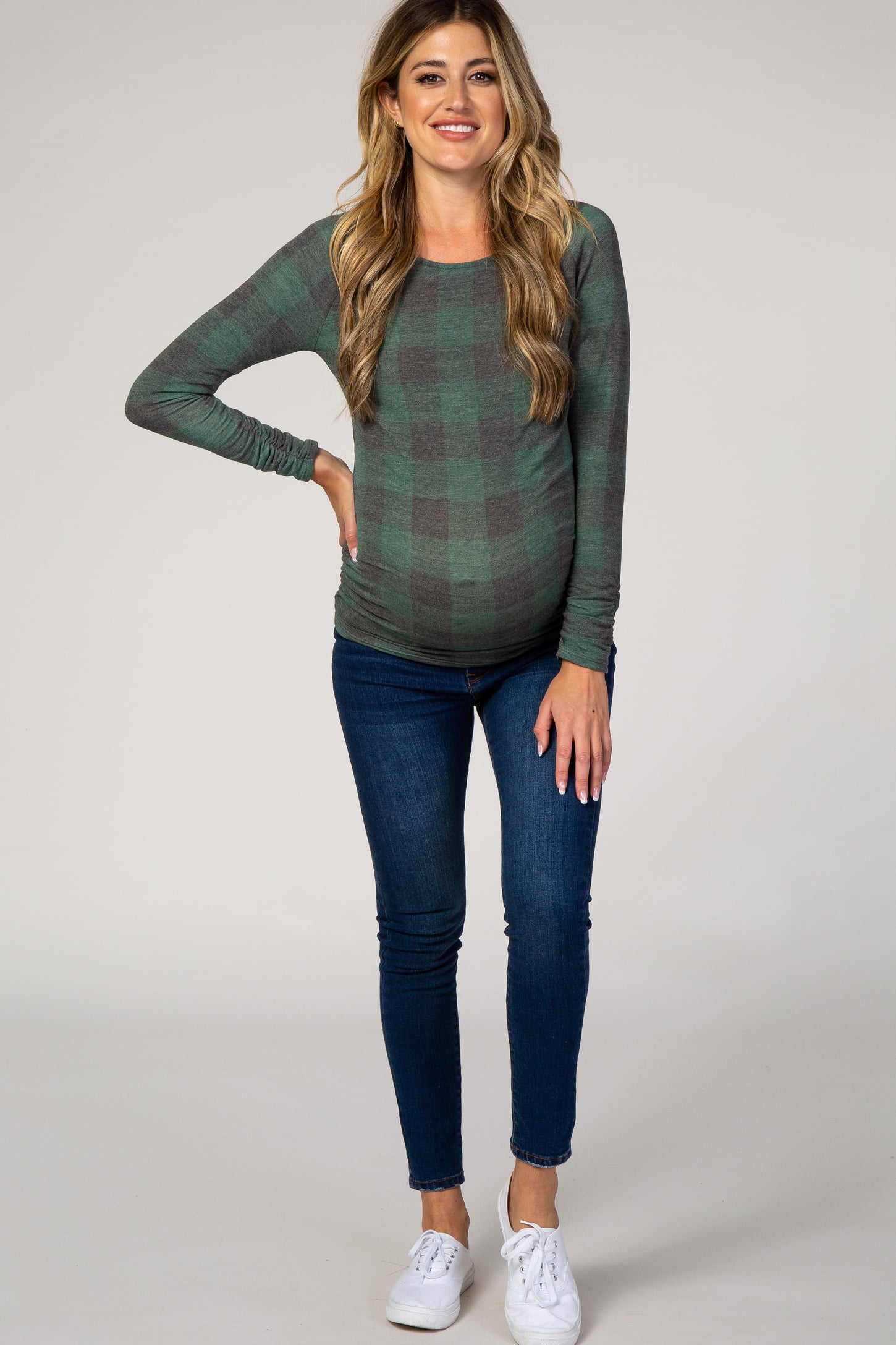 Green Plaid Knit Ruched Maternity Top