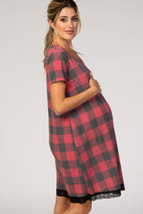 PinkBlush Red Plaid Lace Trim V-Neck Maternity Sleep Dress