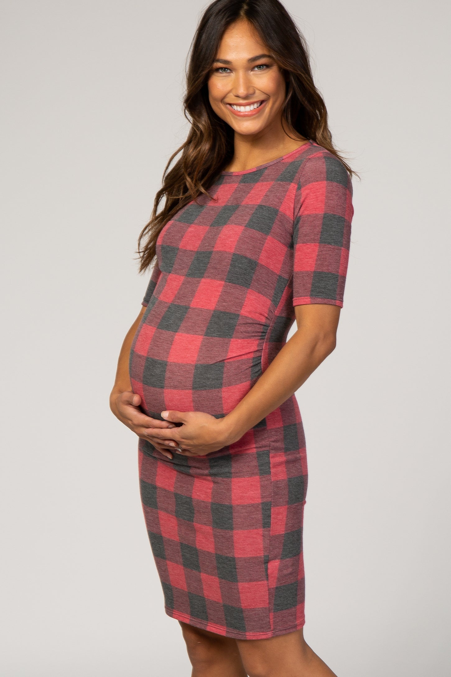 PinkBlush Red Plaid Fitted Maternity Dress