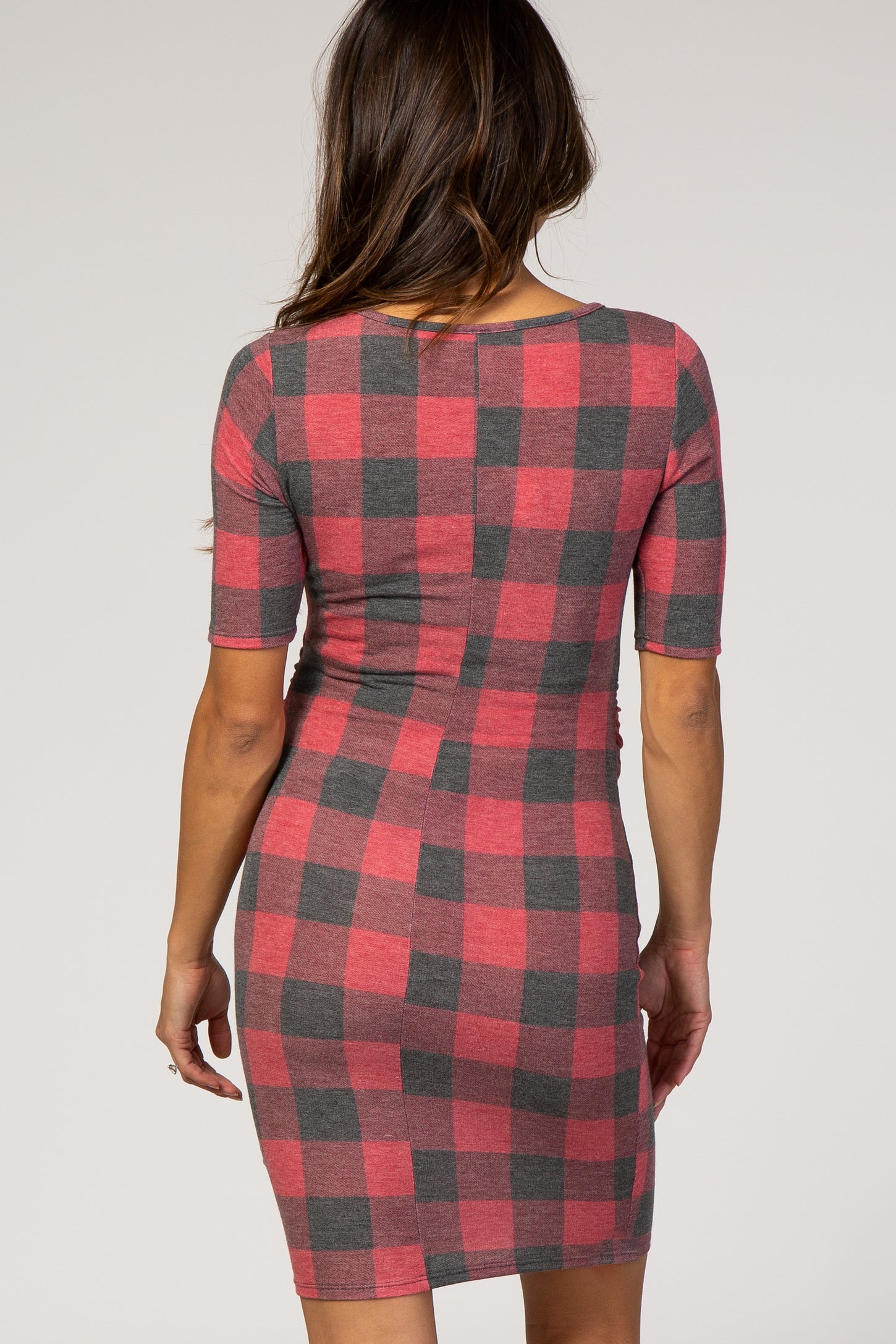 PinkBlush Red Plaid Fitted Maternity Dress