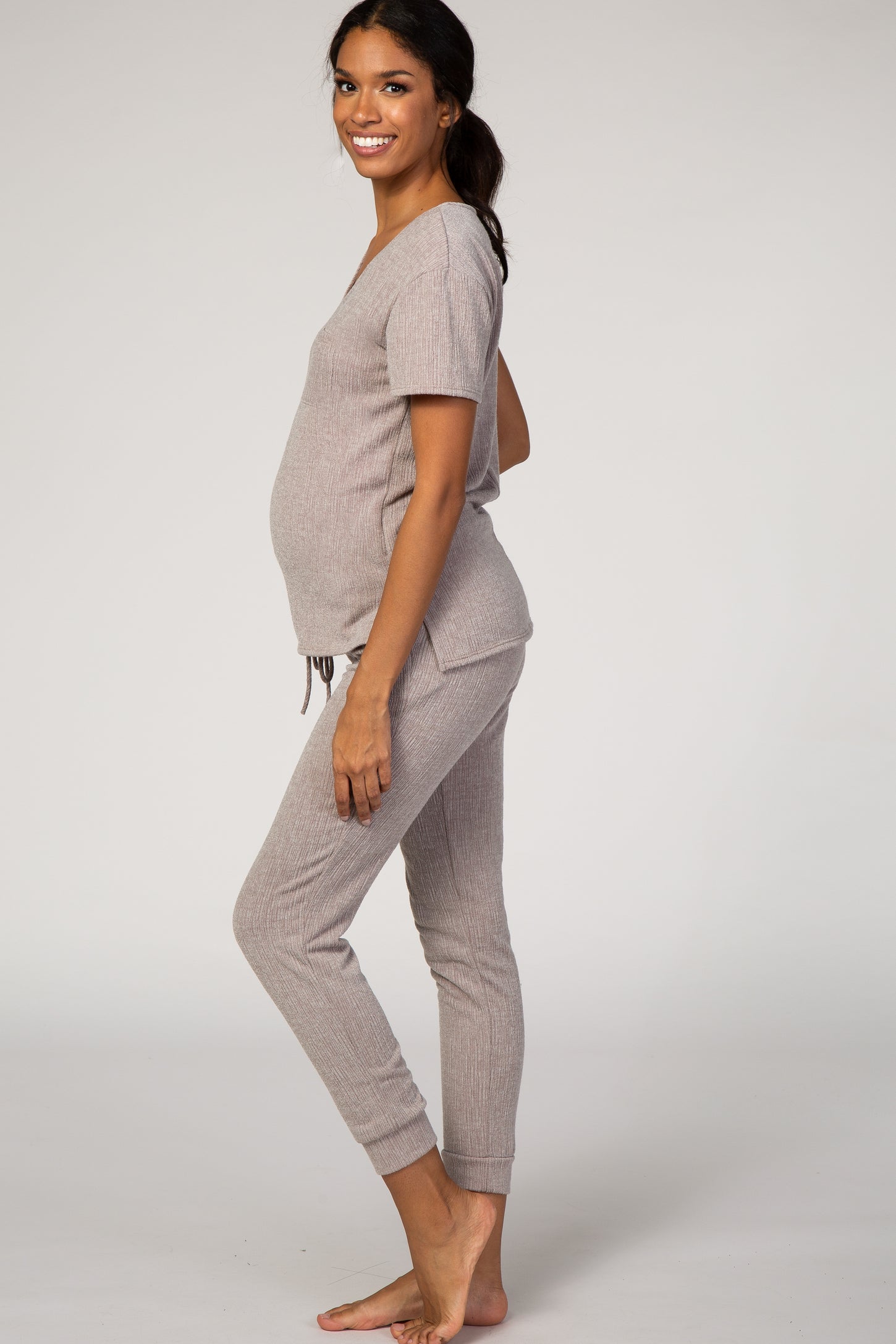 PinkBlush Beige Knit Short Sleeve Maternity Pajama Set