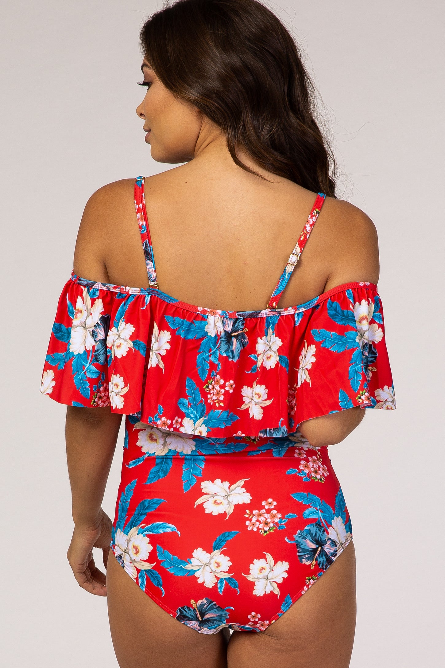 Red Floral Ruffle Trim Ruched One-Piece Maternity Swimsuit