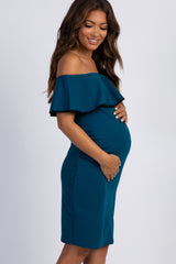 Dark Teal Off Shoulder Ruffle Fitted Maternity Dress