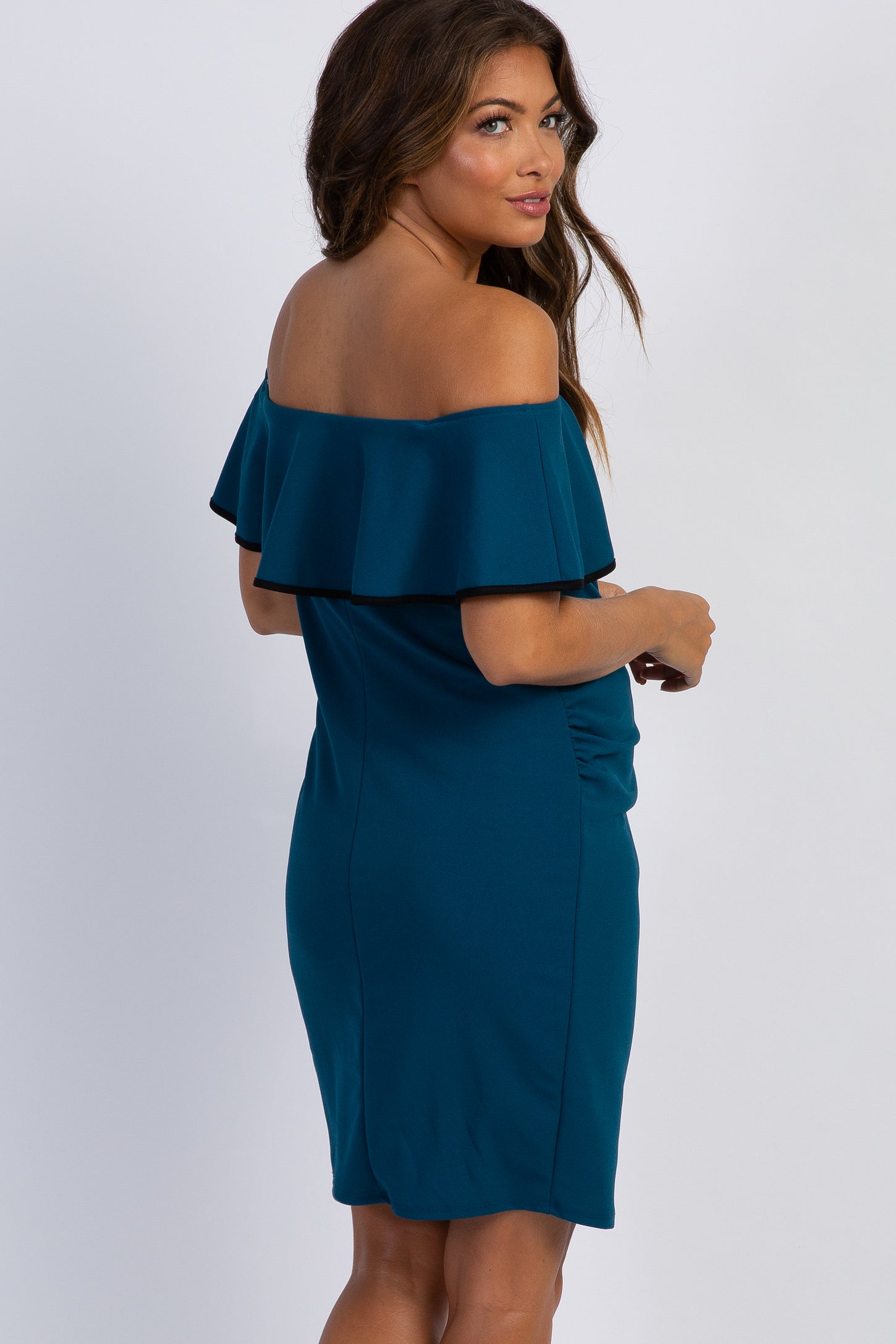Dark Teal Off Shoulder Ruffle Fitted Maternity Dress