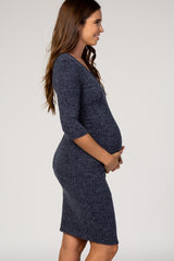 Navy Two-Tone Knit Ruched Maternity Dress