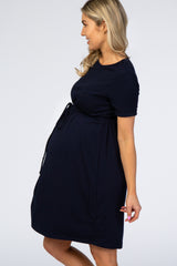 PinkBlush Navy Blue Cuff Sleeve Waist Tie Maternity Dress