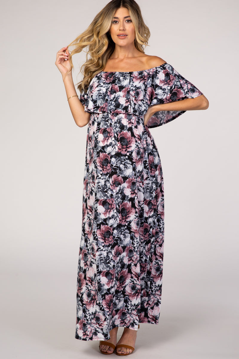 Navy Floral Off Shoulder Maternity Maxi Dress– PinkBlush