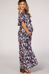Navy Floral Off Shoulder Maternity Maxi Dress