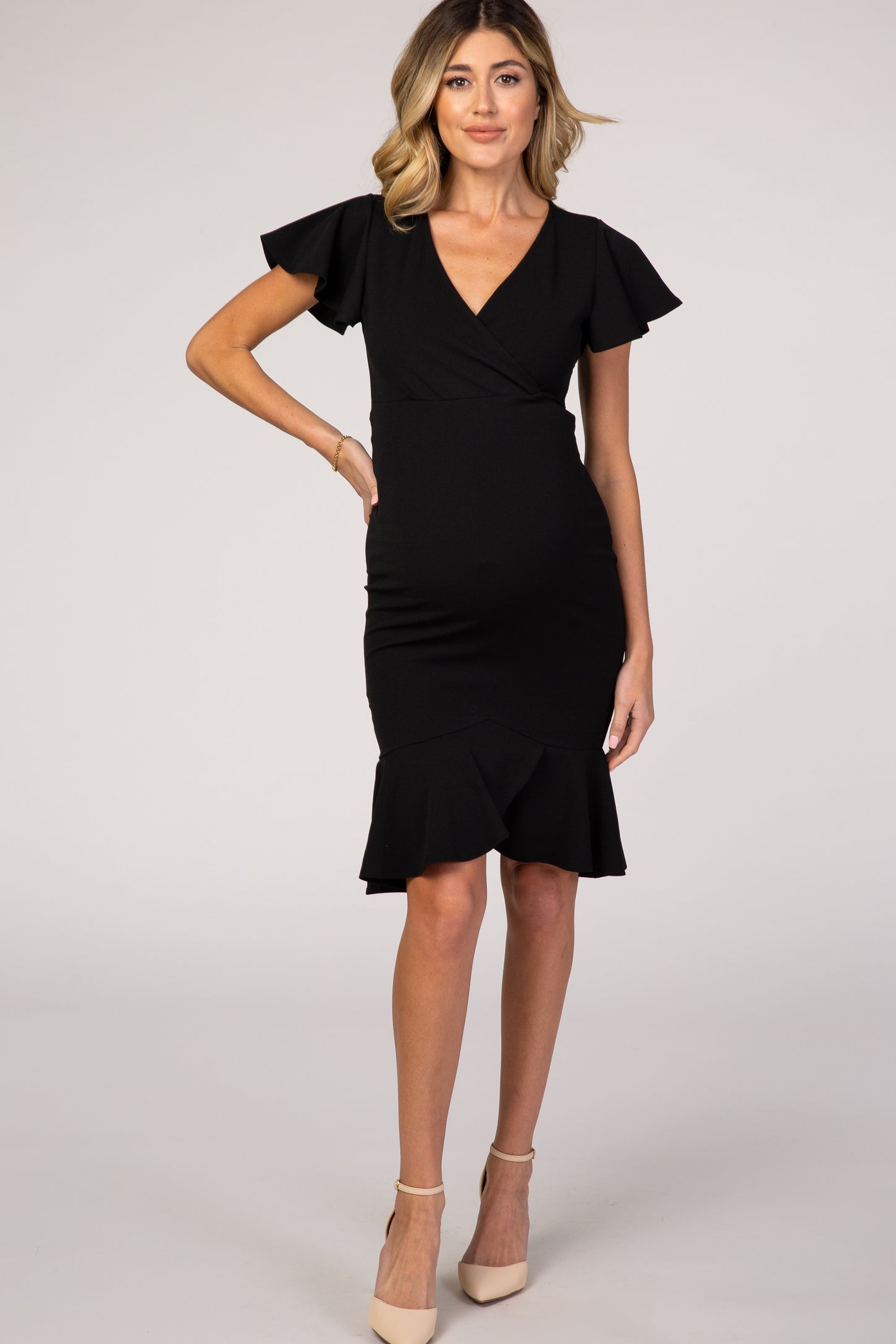 PinkBlush Black Ruffle Accent Fitted Maternity Wrap Dress