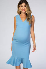 PinkBlush Light Blue Sleeveless Ruffle Hem Fitted Maternity Midi Dress