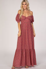 Pink Floral Puff Sleeve Maternity Maxi Dress