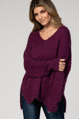 Purple Fuzzy V-Neck Hi-Low Maternity Sweater
