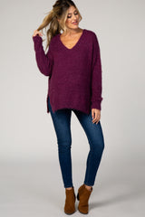 Purple Fuzzy V-Neck Hi-Low Maternity Sweater