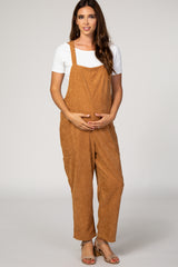 Camel Solid Ribbed Maternity Overalls