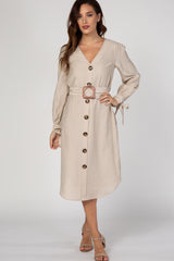 Beige Button Front Belted Midi Dress
