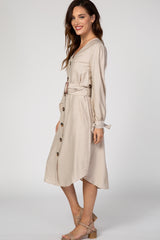 Beige Button Front Belted Midi Dress