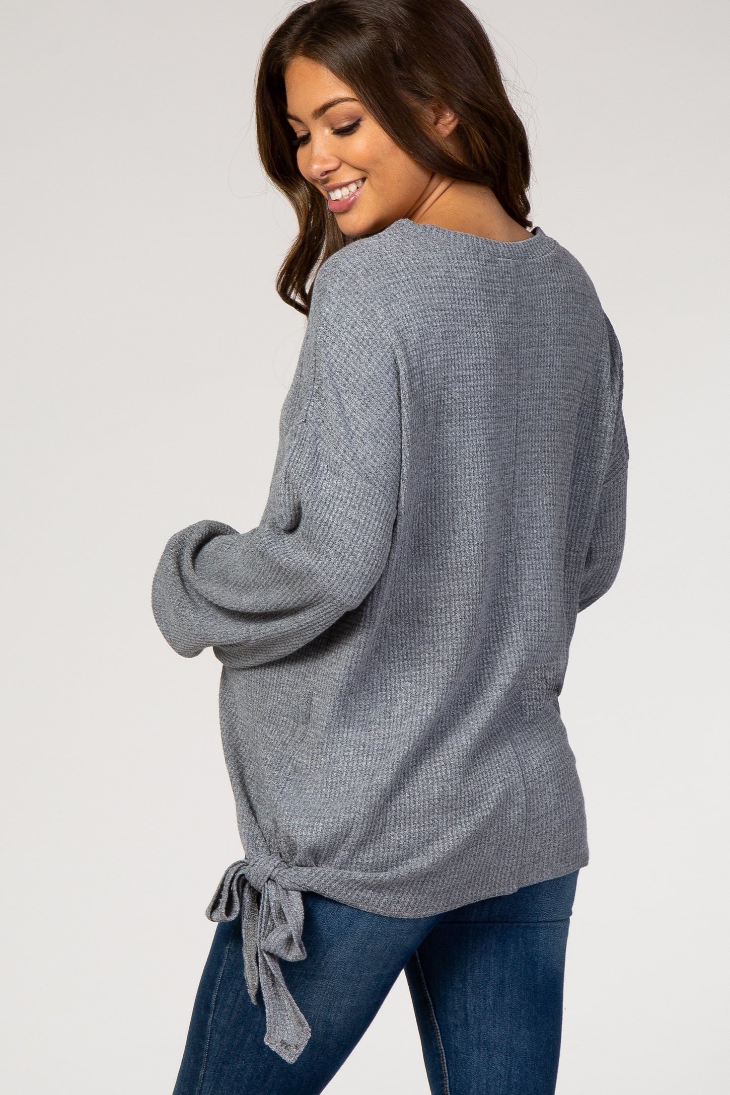 Charcoal Ribbed Side Tie Bubble Long Sleeve Maternity Top
