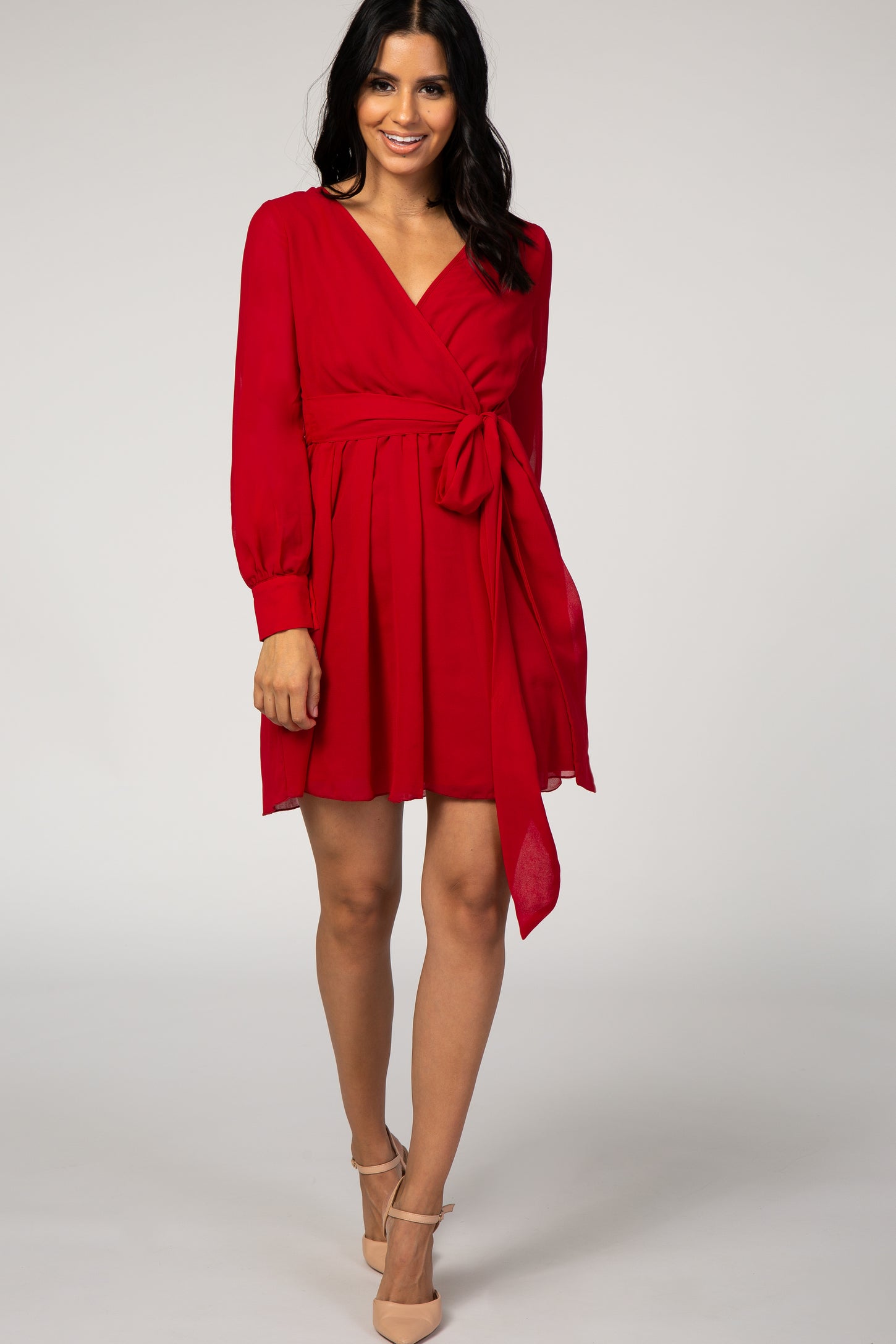 Red Chiffon Maternity Wrap Dress