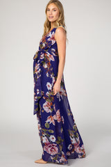 Navy Floral Sleeveless Maternity Maxi Dress