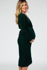 Green Velvet Knotted Plunge Maternity Dress