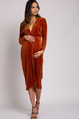 Rust Velvet Knotted Plunge Maternity Dress