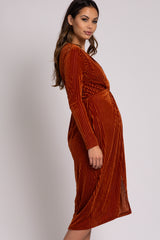 Rust Velvet Knotted Plunge Maternity Dress