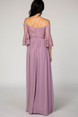 Mauve Lace Off Shoulder Evening Gown