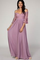 Mauve Lace Off Shoulder Evening Gown