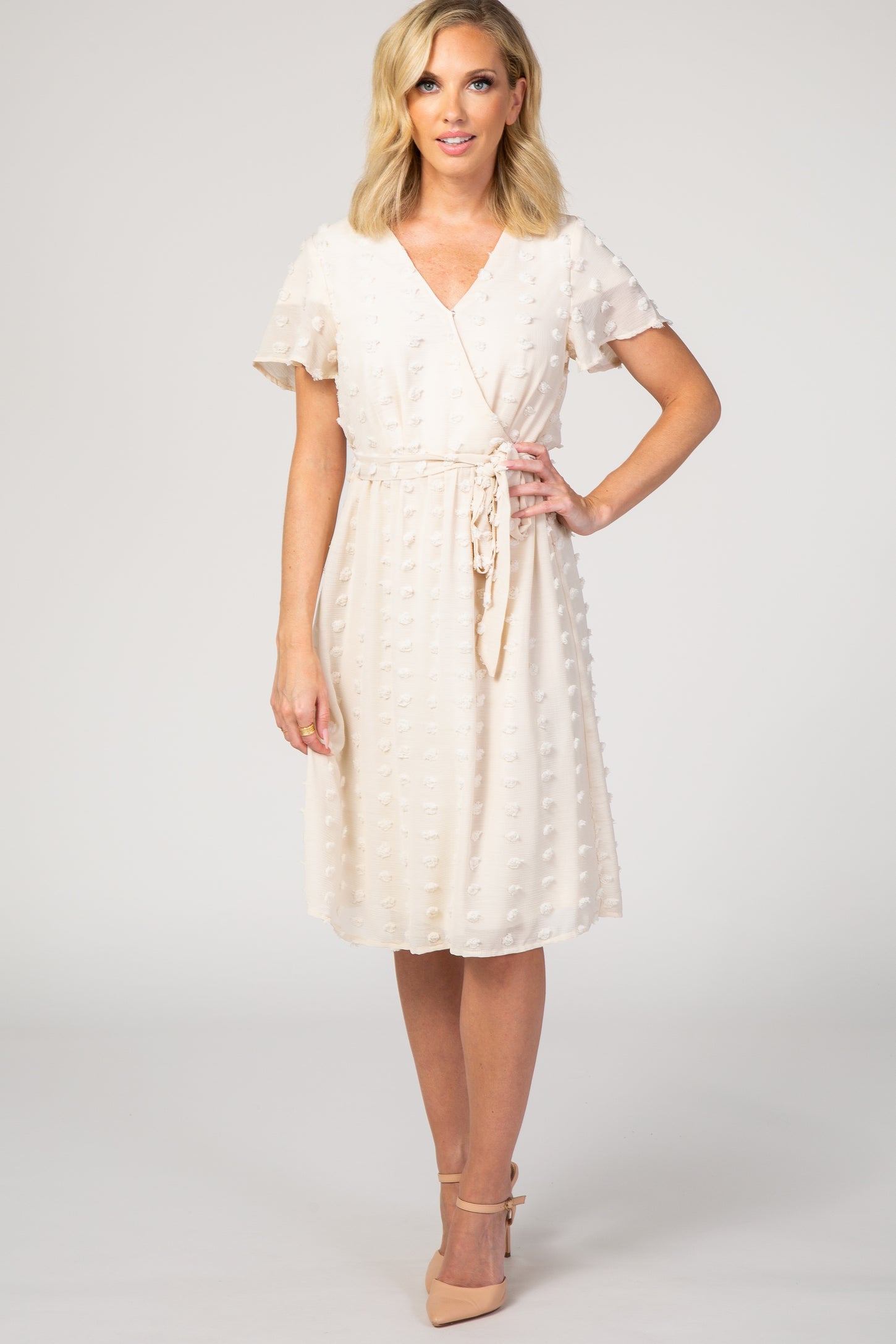 Cream Swiss Dot Tie Front Maternity Wrap Dress PinkBlush