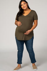 Olive Solid V-Neck Short Sleeve Plus Maternity Top