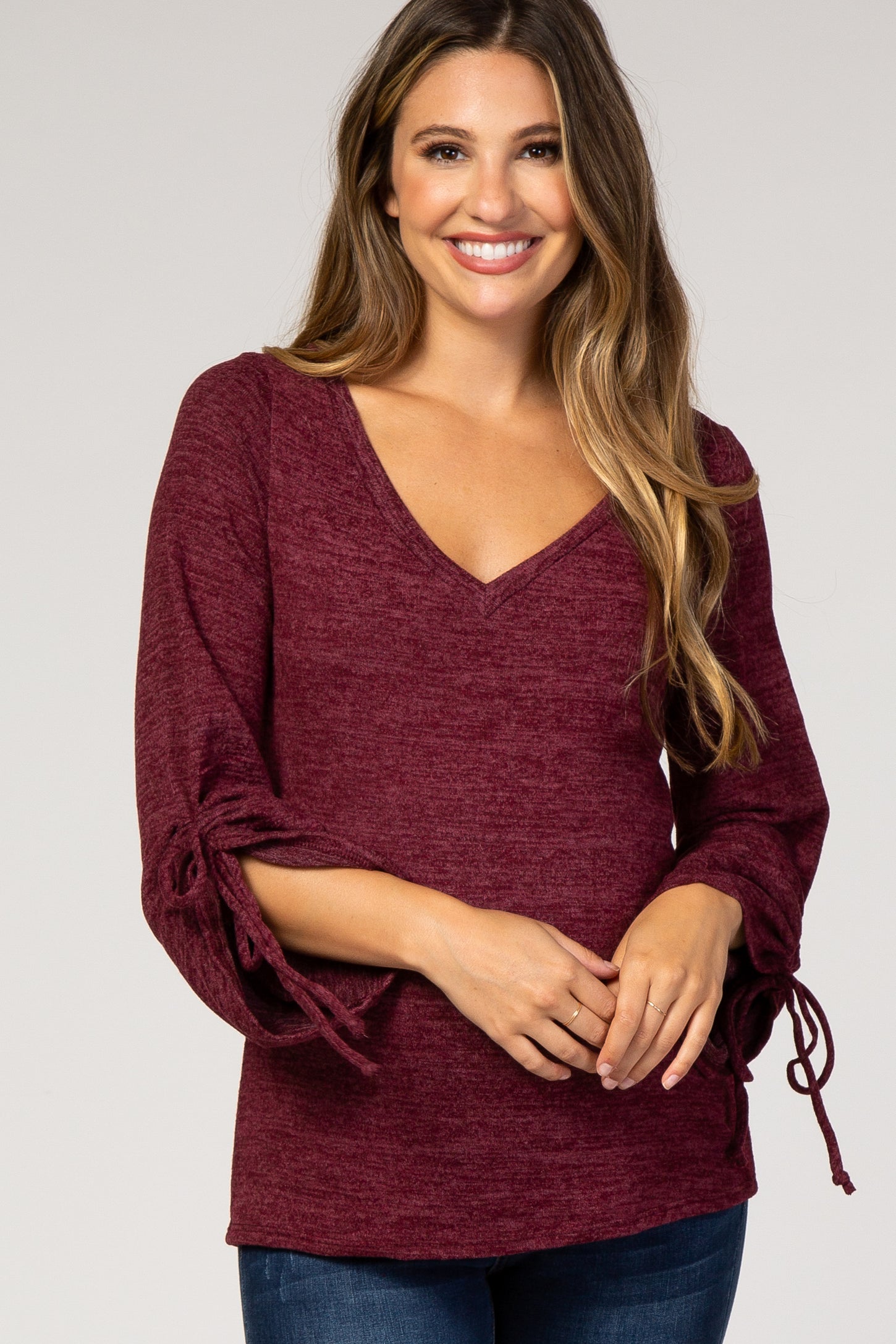 Burgundy Soft Knit Sleeve Tie Maternity Sweater