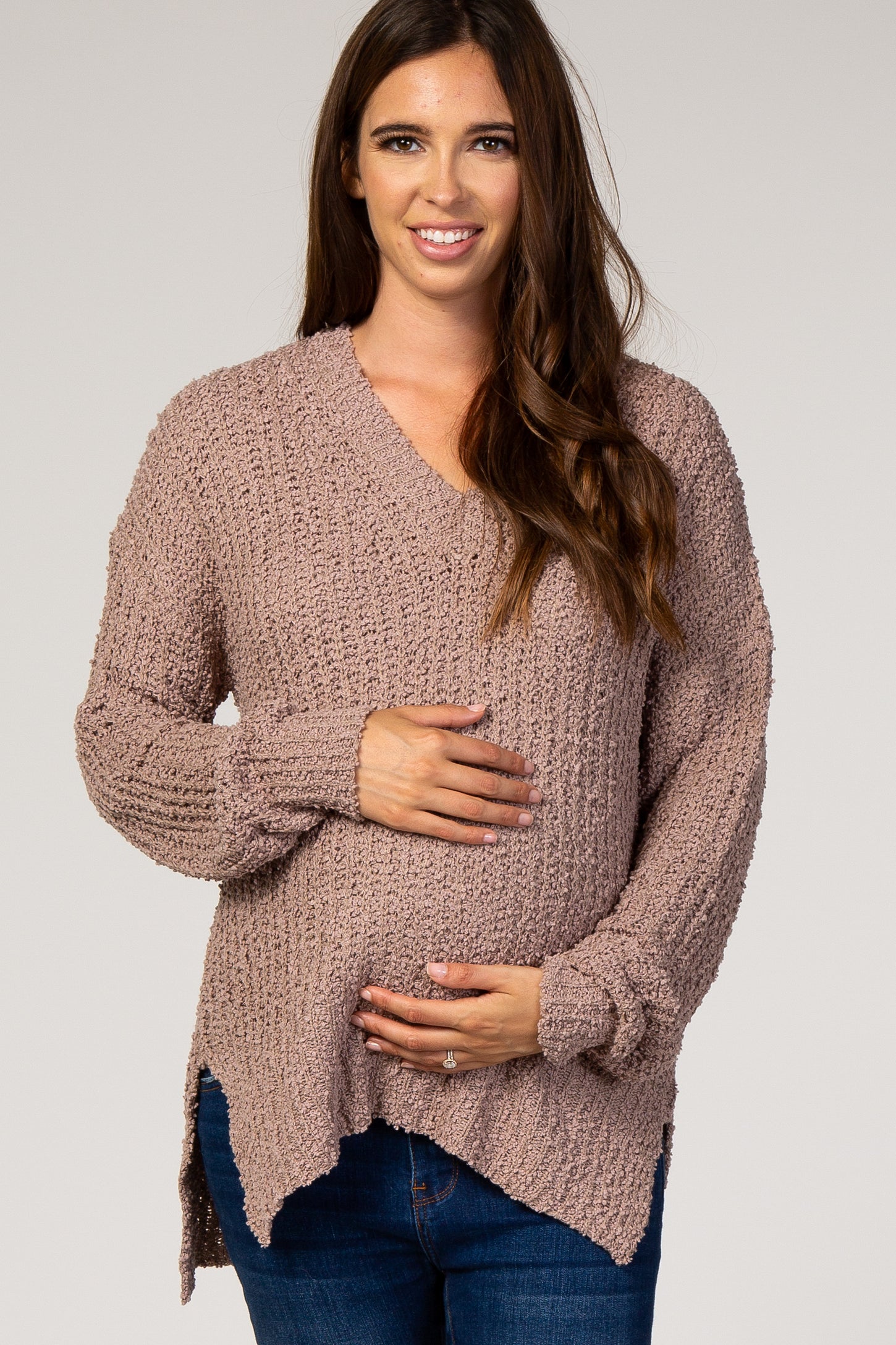 Mocha Popcorn Knit V-Neck Maternity Sweater