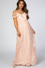 Light Pink Floral Embroidered Mesh Maternity Evening Gown