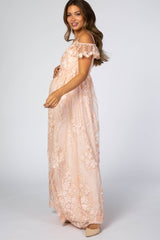 Light Pink Floral Embroidered Mesh Maternity Evening Gown