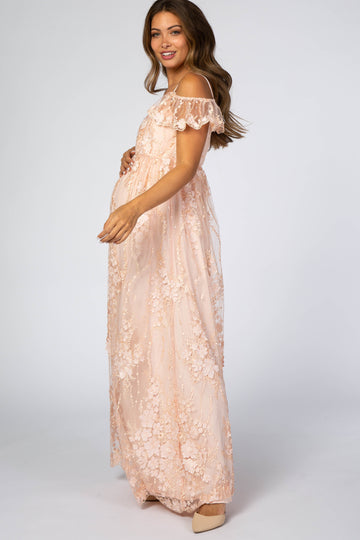 Light Pink Floral Embroidered Mesh Maternity Evening Gown