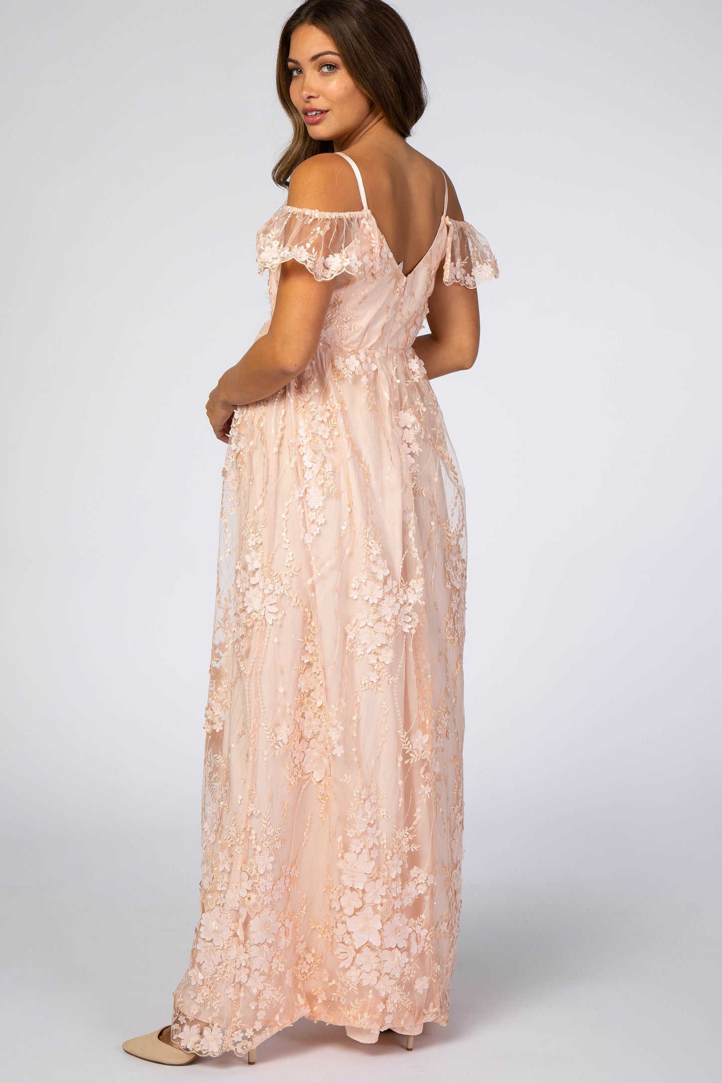 Light Pink Floral Embroidered Mesh Maternity Evening Gown