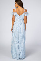 Light Blue Floral Embroidered Mesh Maternity Evening Gown