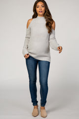 Grey Cold Shoulder Solid Color Maternity Sweater
