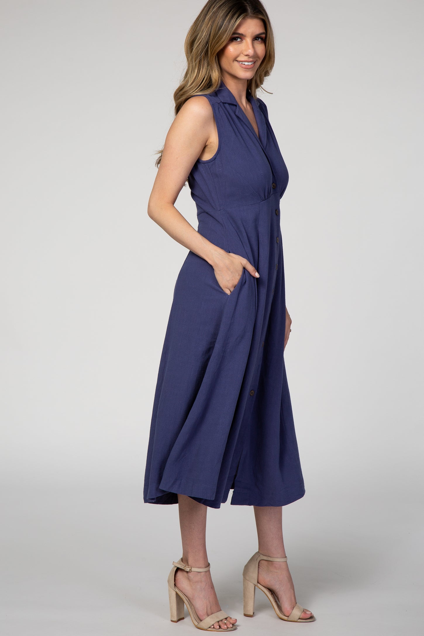 Navy Solid Collared Neck Button Front Midi Dress