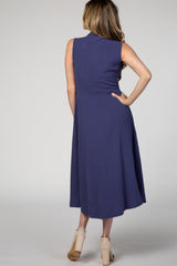 Navy Solid Collared Neck Button Front Midi Dress
