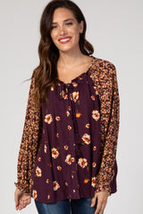 Plum Floral Tie Front Puff Sleeve Maternity Blouse