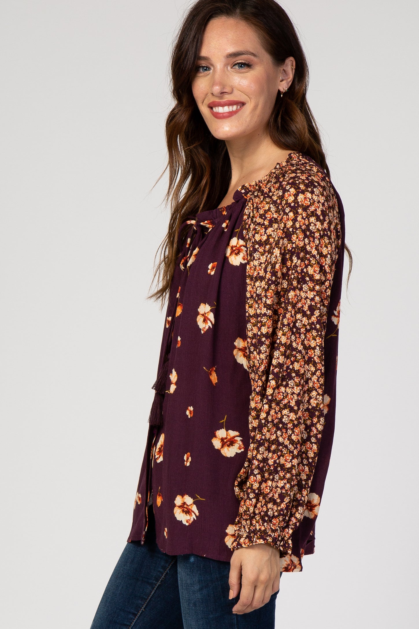 Plum Floral Tie Front Puff Sleeve Blouse