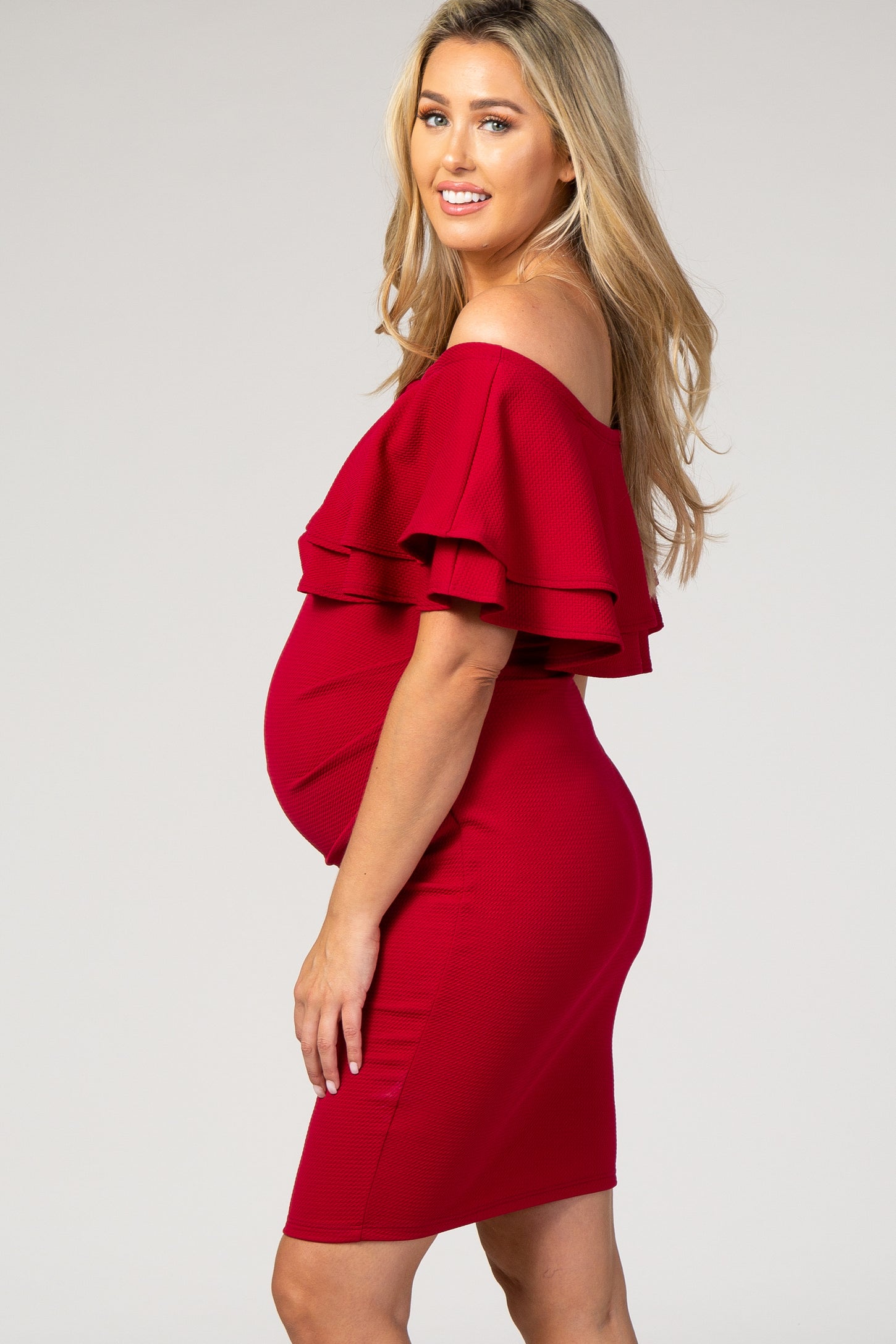 Red Ruffle Off Shoulder Ruched Maternity Dress