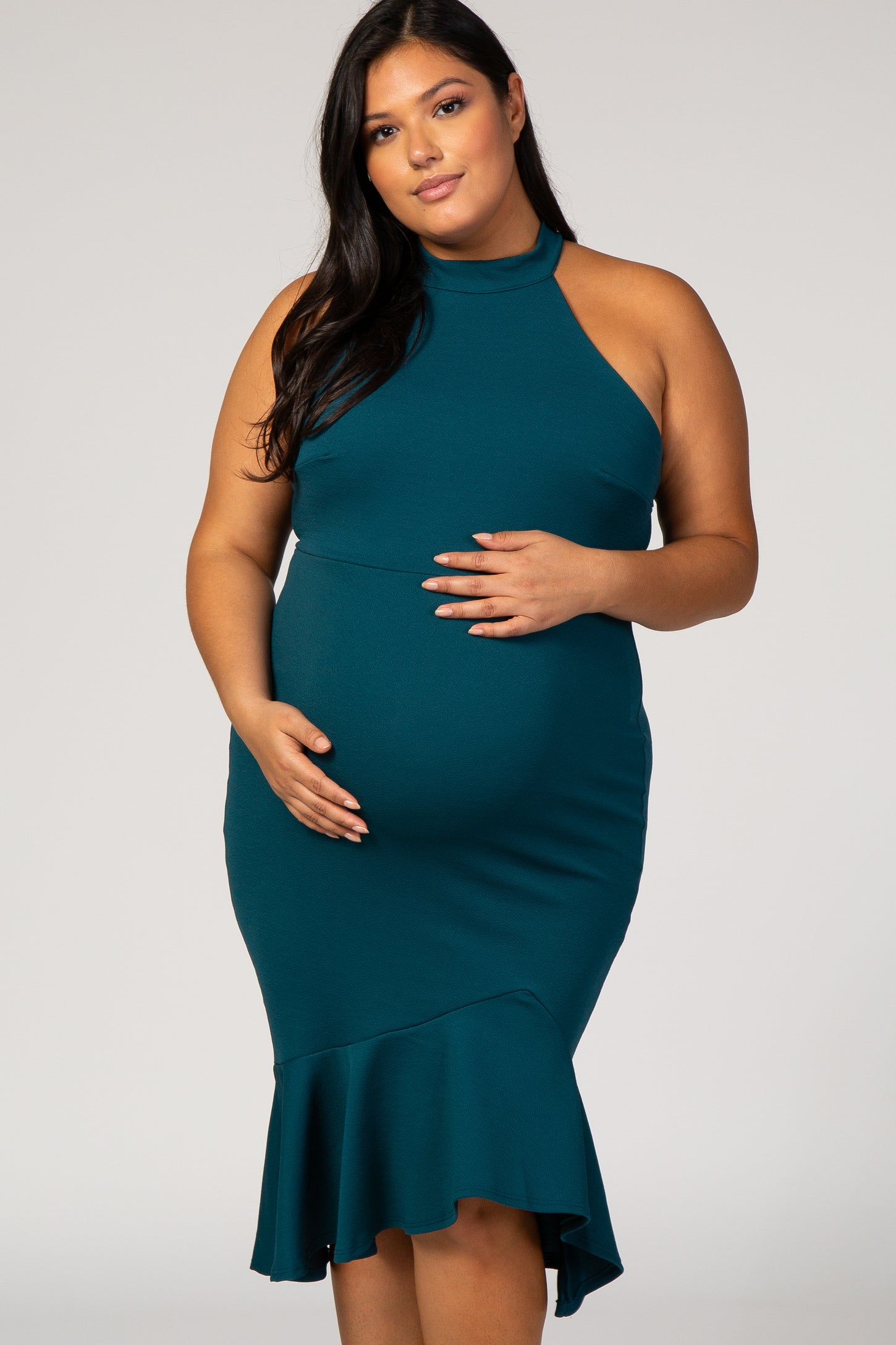 Forest Green Solid Halter Neck Mermaid Maternity Plus Fitted Dress
