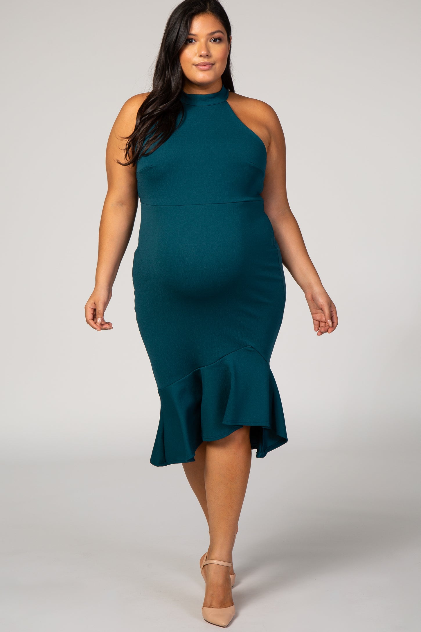 Forest Green Solid Halter Neck Mermaid Maternity Plus Fitted Dress
