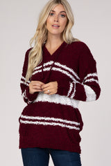 Burgundy Striped Popcorn Hooded Sweater