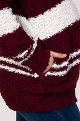 Burgundy Striped Popcorn Hooded Maternity Sweater
