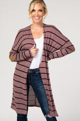 Mauve Striped Suede Elbow Patch Maternity Cardigan